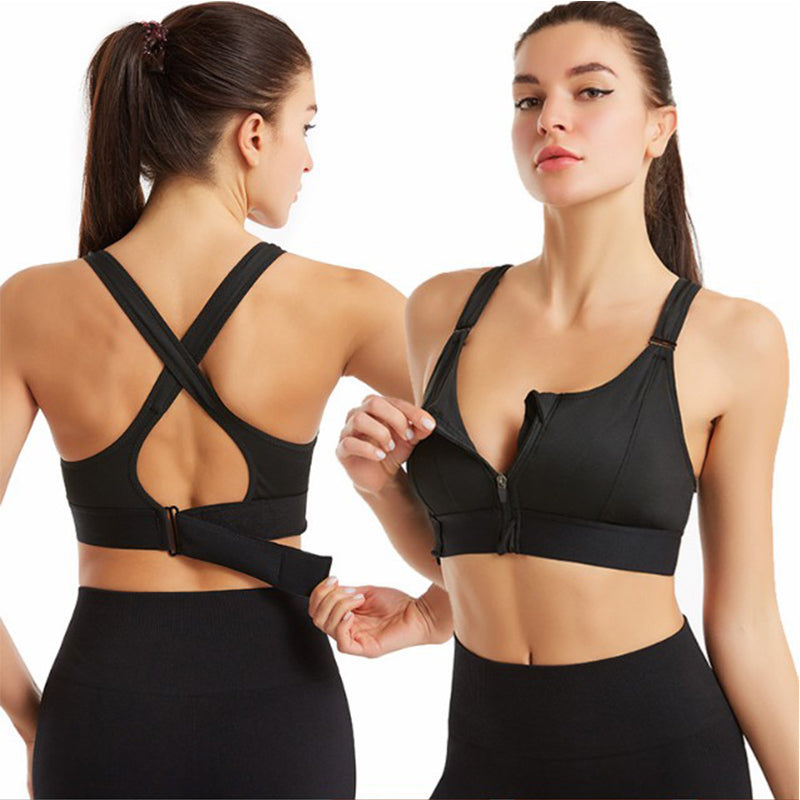 Front Zipper Sports Bras Workout Yoga Shock Proof Bra Tops - Black