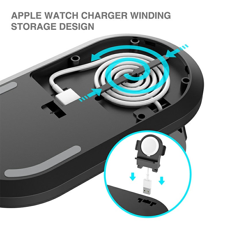 3 in 1 Wireless 10W Qi Fast Charger Station with iWatch Stand for iPhone Airpods and iWatch- black