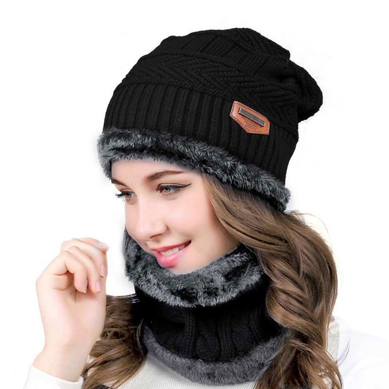 Beanie Hat Scarf Set Neck Cover Winter Warm Fleece Knitted Thick Ski Cap