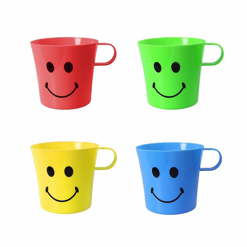 Childrens Smiley Face Plastic Drinking Mugs with Handle for Party Travel Beach 4 Pack