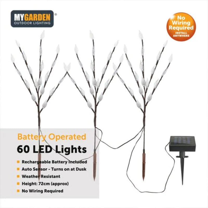 Garden Triple Tree Solar Light with Leaves 72cm Height 60 LEDs - Pure White Light