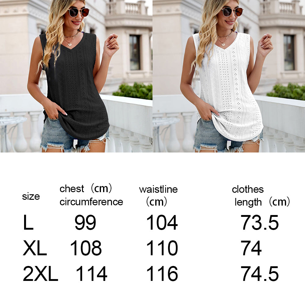 Womens Sleeveless V Neck Vest Hollow-carved Design Tank Tops Casual Loose Shirt - White