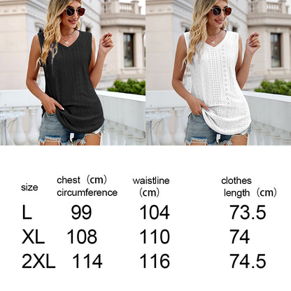 Womens Sleeveless V Neck Vest Hollow-carved Design Tank Tops Casual Loose Shirt - White