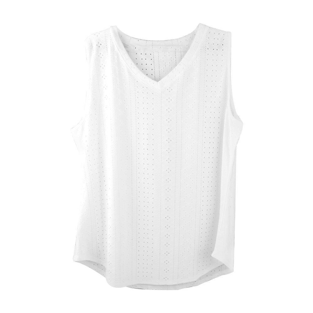 Womens Sleeveless V Neck Vest Hollow-carved Design Tank Tops Casual Loose Shirt - White