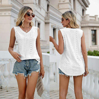 Womens Sleeveless V Neck Vest Hollow-carved Design Tank Tops Casual Loose Shirt - White