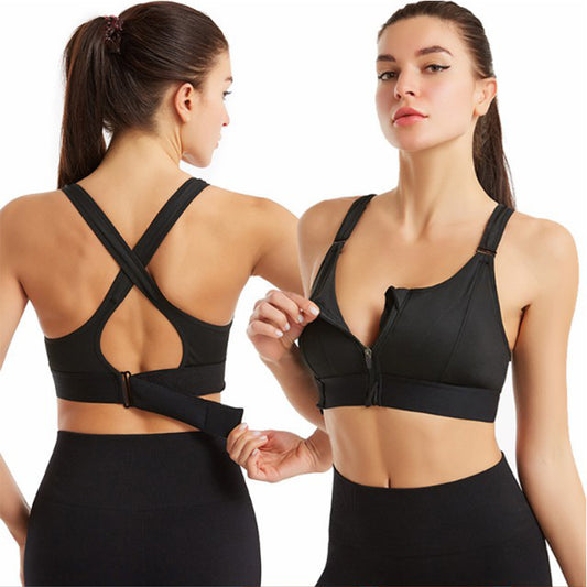 Front Zipper Sports Bras Workout Yoga Shock Proof Bra Tops - Black