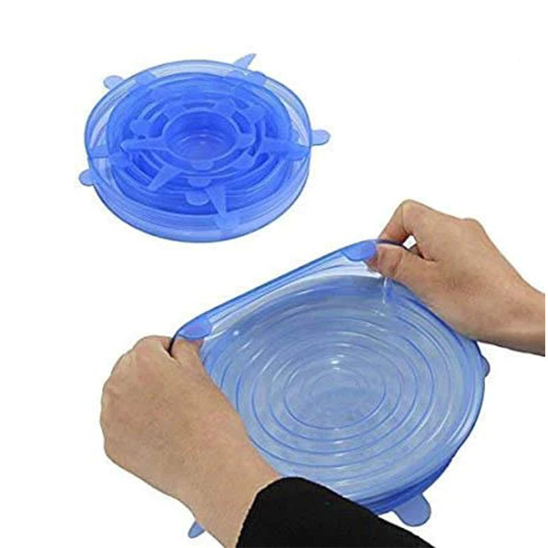 6pcs Microwave Safe Silicone Stretch Lids Flexible Bowl Covers - Transparent Blue