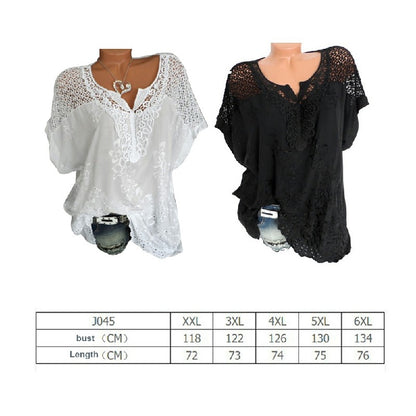 Plus Size Womens V Neck Lace Tops Shirt Ladies Summer Casual Blouse Pullover Tee - Black