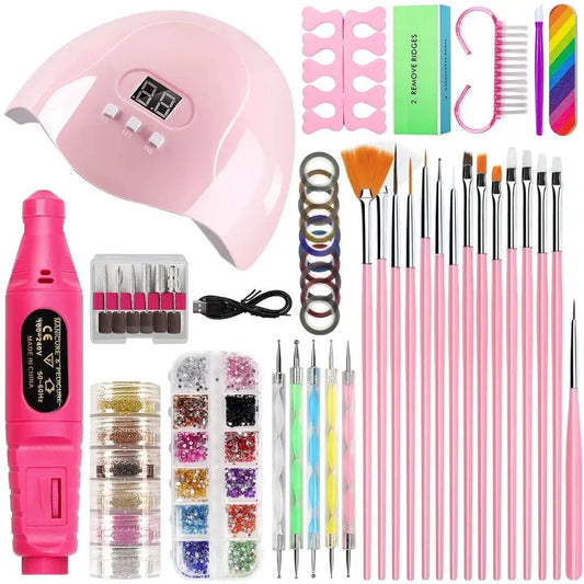 Manicure Set with UV Lamp and Nail Drill Machine Glitter Powder Kit for Acrylic Nails Art Accessories Decoration DIY Tools