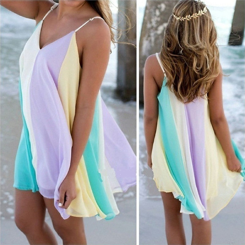 Fashion Summer Women Chiffon Rainbow Harness Dress Beach Party Wearings