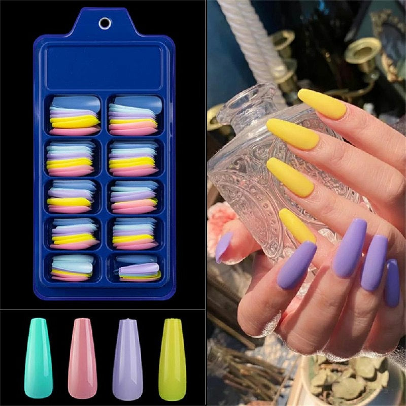 Long Fake Nails Acrylic Artificial False Nail Tips Stick on Full Nail 100 pcs - Combination A