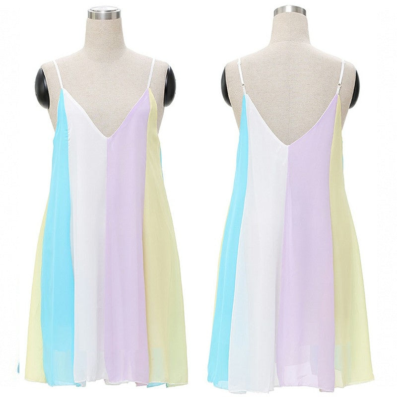 Fashion Summer Women Chiffon Rainbow Harness Dress Beach Party Wearings