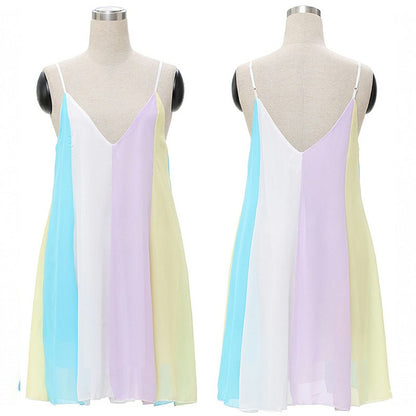 Fashion Summer Women Chiffon Rainbow Harness Dress Beach Party Wearings