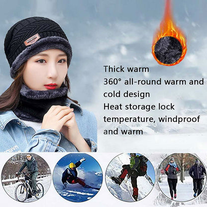 Beanie Hat Scarf Set Neck Cover Winter Warm Fleece Knitted Thick Ski Cap