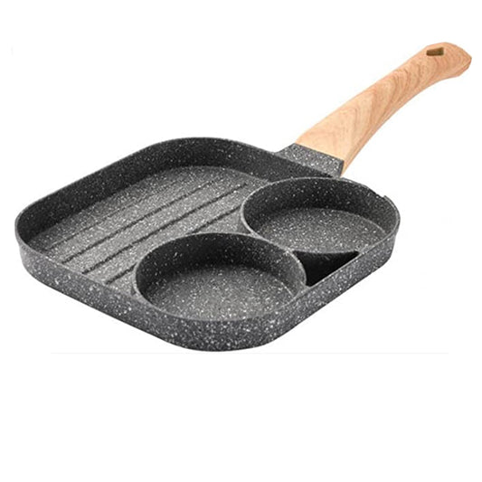 2 Holes Square Frying Pan Metal Round Egg and Bacon Frying Pan with Wooden Handle