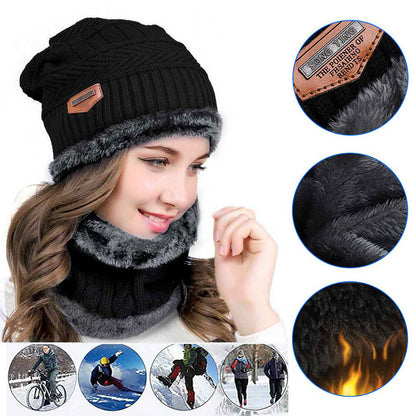 Beanie Hat Scarf Set Neck Cover Winter Warm Fleece Knitted Thick Ski Cap