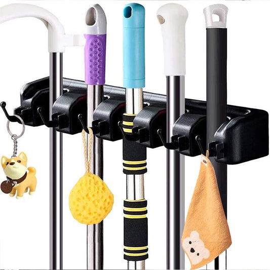 Wall Mounted Broom Mop Holder Brush Holder with 5 Positions and 6 Hooks