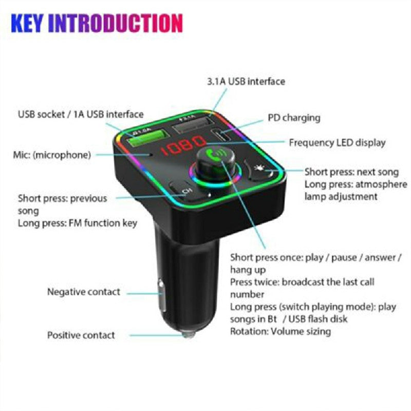 Car Wireless 5.0 Bluetooth FM Transmitter MP3, USB, TYPE - C, PD Charger Adapter