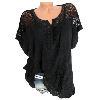 Plus Size Womens V Neck Lace Tops Shirt Ladies Summer Casual Blouse Pullover Tee - Black