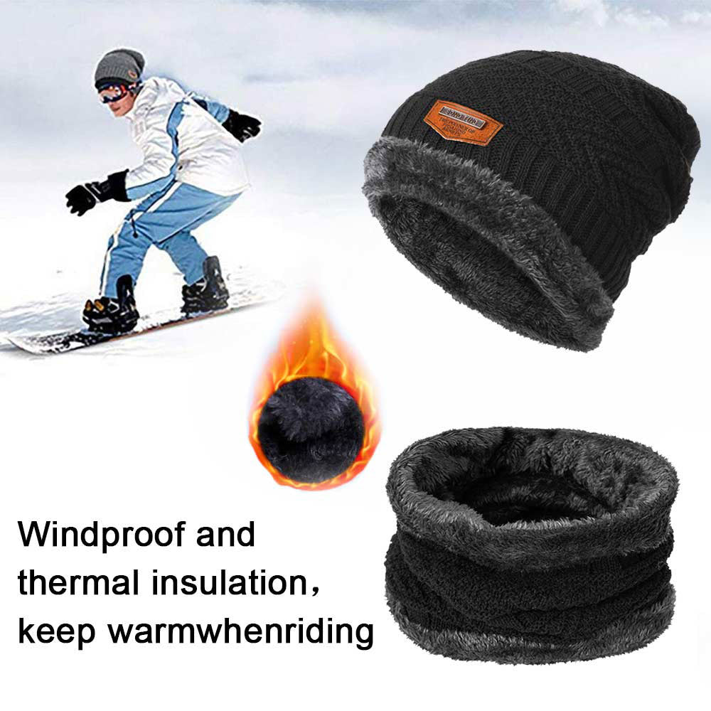 Beanie Hat Scarf Set Neck Cover Winter Warm Fleece Knitted Thick Ski Cap