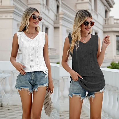 Womens Sleeveless V Neck Vest Hollow-carved Design Tank Tops Casual Loose Shirt - White