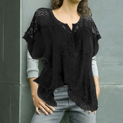 Plus Size Womens V Neck Lace Tops Shirt Ladies Summer Casual Blouse Pullover Tee - Black