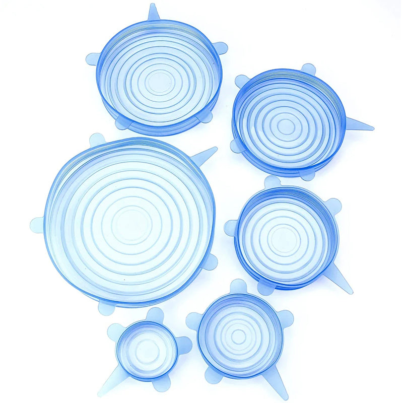 6pcs Microwave Safe Silicone Stretch Lids Flexible Bowl Covers - Transparent Blue