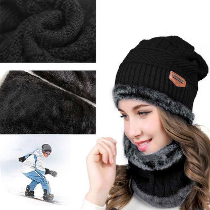 Beanie Hat Scarf Set Neck Cover Winter Warm Fleece Knitted Thick Ski Cap