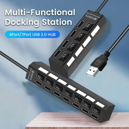 OLAF USB 2.0 Hub Multi USB Splitter Ports Hub Use Power Adapter4/ 7 Port Multiple Expander Hub with Switch 30CM Cable For Home