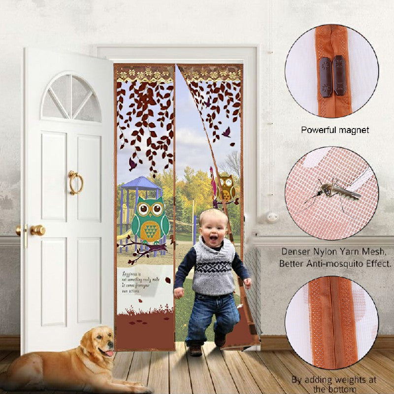 Magic Door Curtain Mesh Magnetic Fastening Hands Free Insect Fly Screen - Coffee Owl