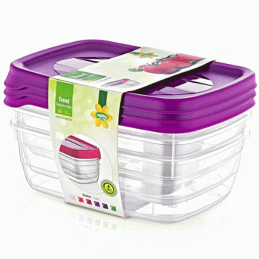 "Set of 3 Clear Rectangular Food Storage Containers (0.6 Litre Each) - Vibrant Random Colors"