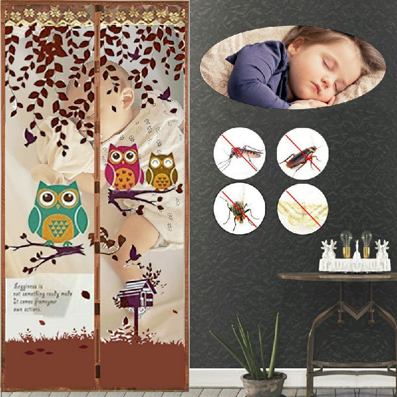 Magic Door Curtain Mesh Magnetic Fastening Hands Free Insect Fly Screen - Coffee Owl