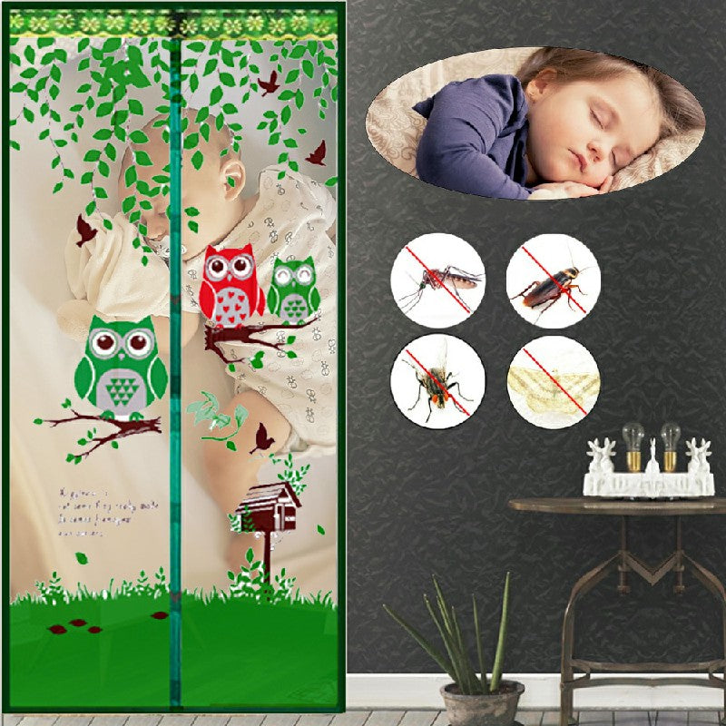 Magic Door Curtain Mesh Magnetic Fastening Hands Free Insect Fly Screen - Green Owl