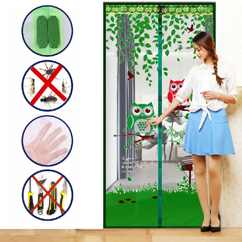 Magic Door Curtain Mesh Magnetic Fastening Hands Free Insect Fly Screen - Green Owl